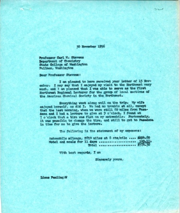 Letter from Linus Pauling to Carl M. Stevens. Page 1. November 30, 1956