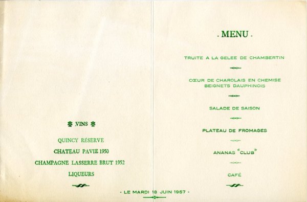 Menu for a dinner held in conjunction with an international conference on proteins. Page 1. June 18, 1957
