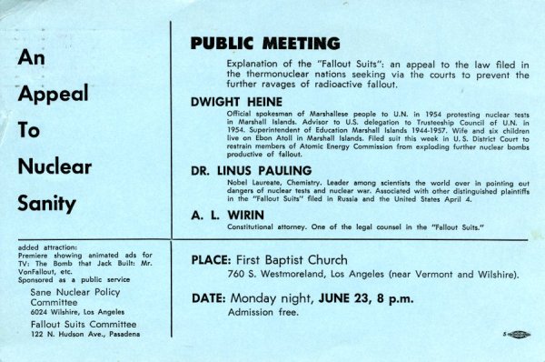 Flyer for a presentation on nuclear proliferation and fallout. Page 1. June 23, 1958