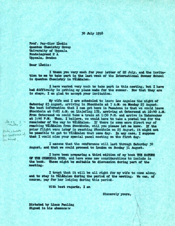 Letter from Linus Pauling to Per Olov Lowdin. Page 1. July 30, 1958
