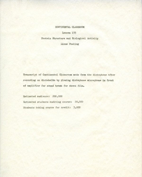 "Protein Structure and Biological Activity." Title Page. May 20, 1960