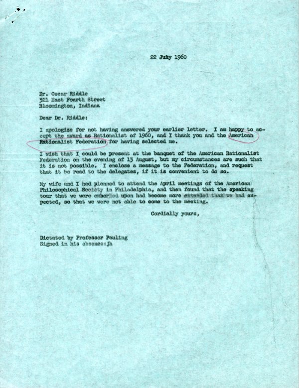 Letter from Linus Pauling to Oscar Riddle. Page 1. July 22, 1960