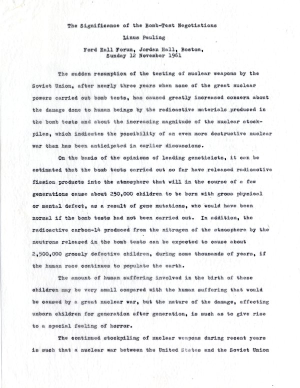 "The Significance of the Bomb-Test Negotiations." Page 1. November 12, 1961