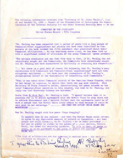Flyer implicating Linus Pauling as a Communist sympathizer. Page 1. March 13, 1962
