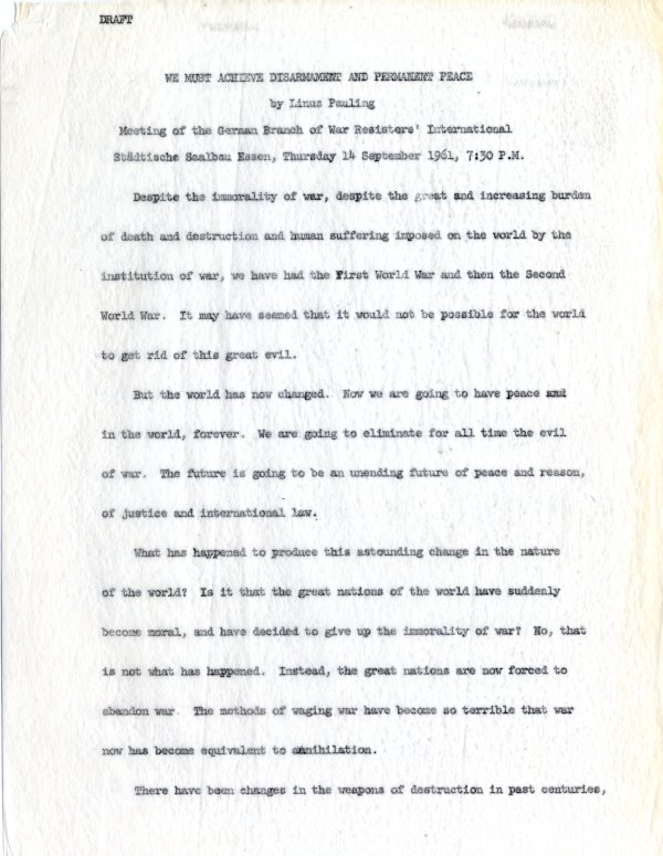 "We Must Achieve Disarmament and Permanent Peace." Page 1. September 14, 1961