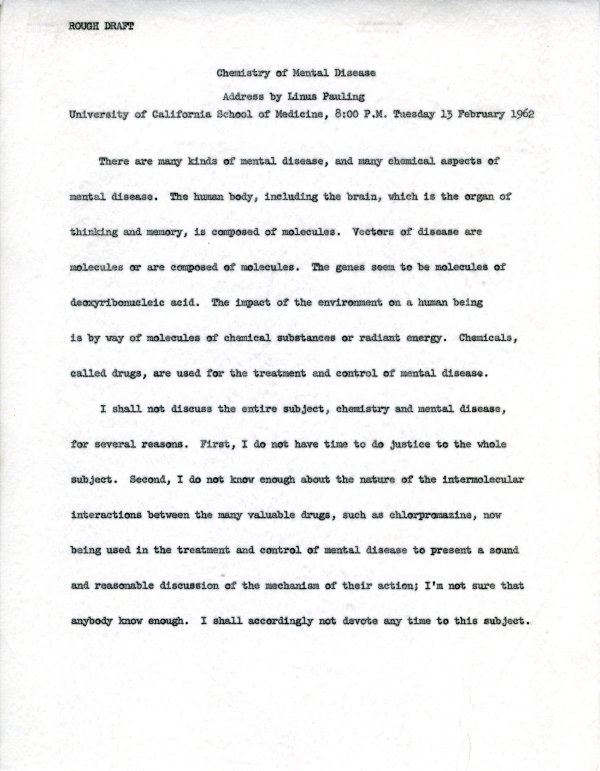 "Chemistry of Mental Disease." Page 1. February 13, 1962