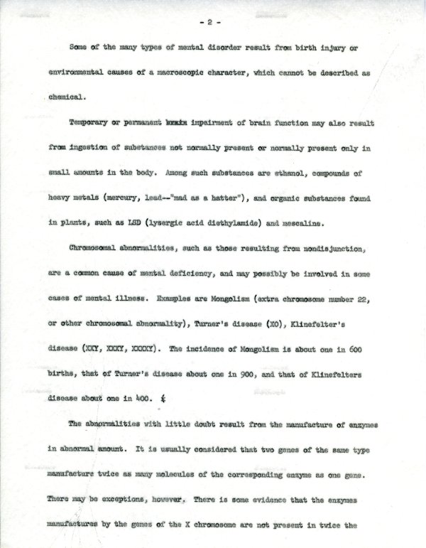"Chemistry of Mental Disease." Page 2. February 13, 1962
