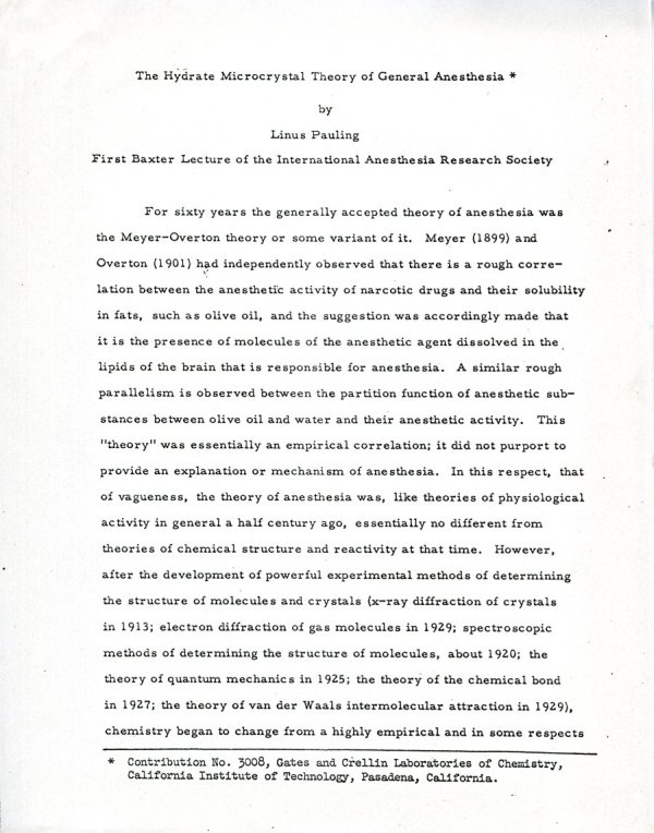 Notes: "The Hydrate Microcrystal Theory of General Anesthesia." Page 1. March 27, 1963