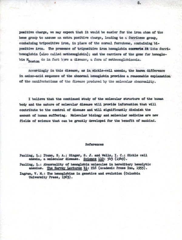 "Abnormal Hemoglobin Molecules and Molecular Disease." Page 8. May 6, 1964