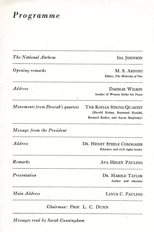 "A Tribute to Dr. Linus Pauling On His Return from Oslo Following Acceptance of the 1962 Nobel Prize for Peace". Page 2. January 8, 1964
