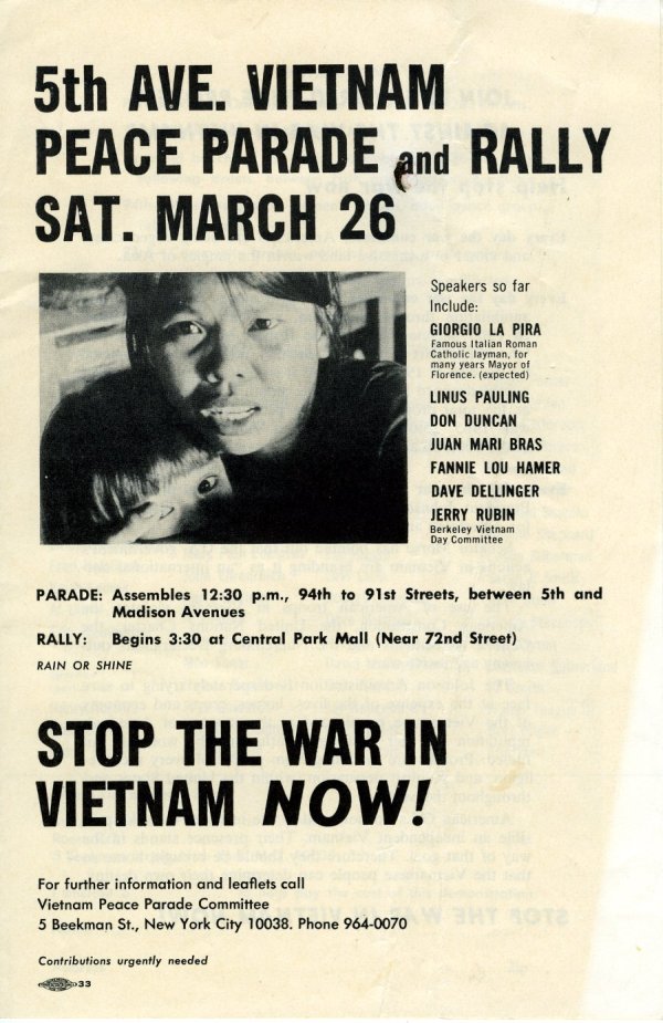 Flyer: 5th Avenue Vietnam Peace Parade and Rally. Page 1. March 26, 1966