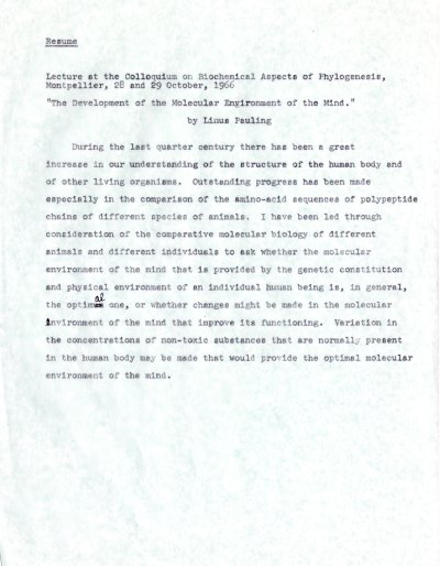 "The Development of the Molecular Environment of the Mind." Page 1. October 28, 1966