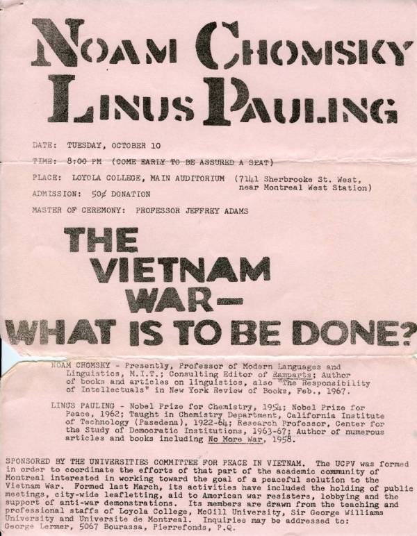 "Flyer for a presentation by Noam Chomsky and Linus Pauling on the Vietnam War."