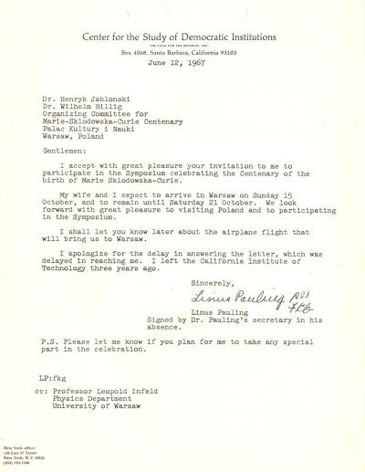 Letter from Linus Pauling to Henryk Jablonski and Wilhelm Billig. Page 1. June 12, 1967