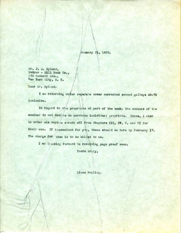 Letter from Linus Pauling to J.A. Hyland. Page 1. January 21, 1930