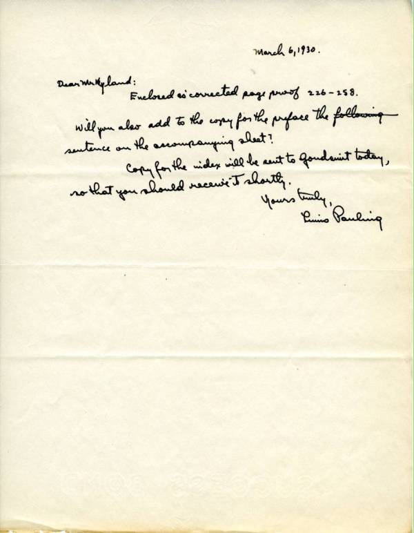 Letter from Linus Pauling to J.A. Hyland. Page 1. March 6, 1930