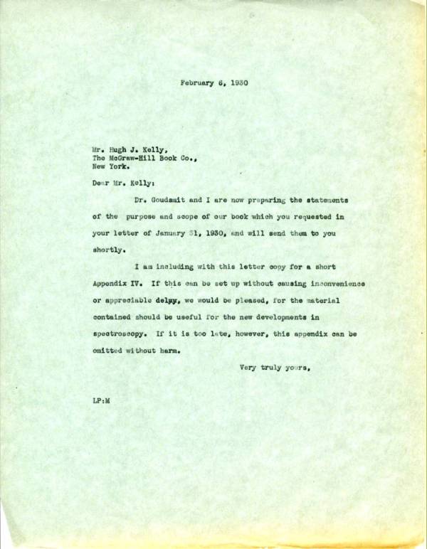 Letter from Linus Pauling to Hugh J. Kelly. Page 1. February 6, 1930