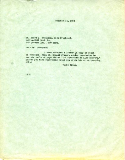 Letter from Linus Pauling to James S. Thompson. Page 1. October 14, 1930