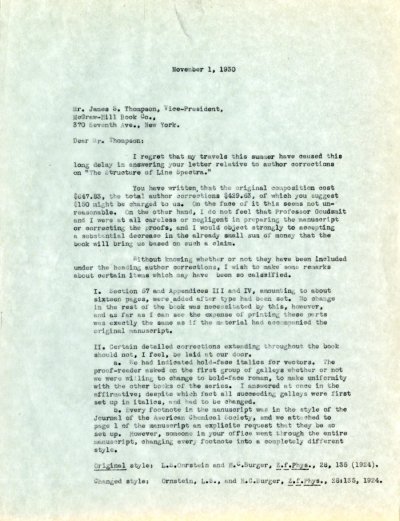 Letter from Linus Pauling to James S. Thompson. Page 1. November 1, 1930