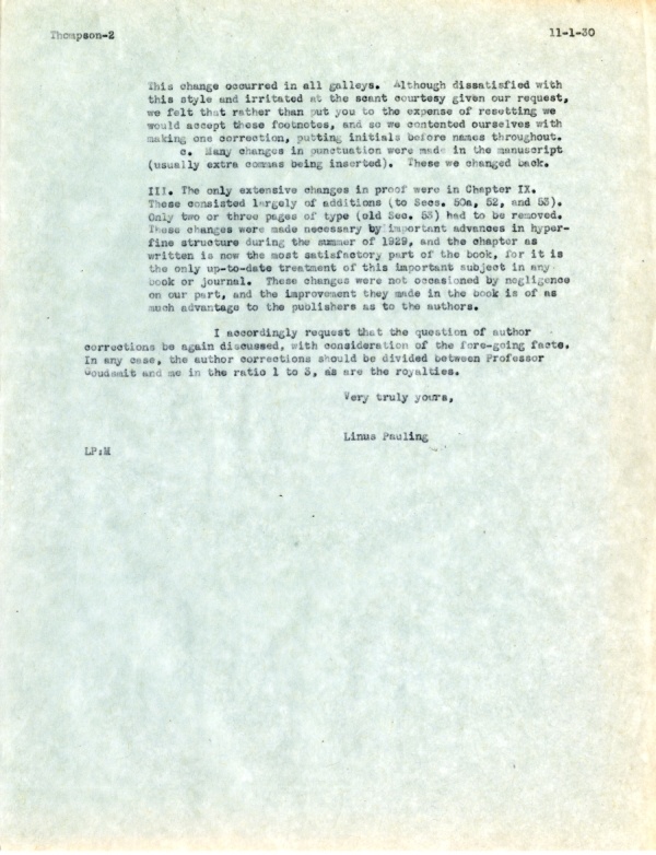 Letter from Linus Pauling to James S. Thompson. Page 2. November 1, 1930