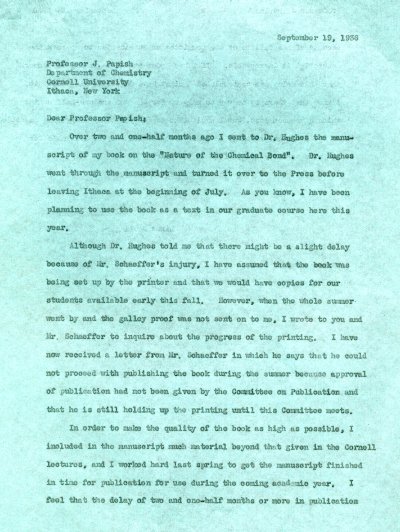 Letter from Linus Pauling to Jacob Papish. Page 1. September 19, 1938