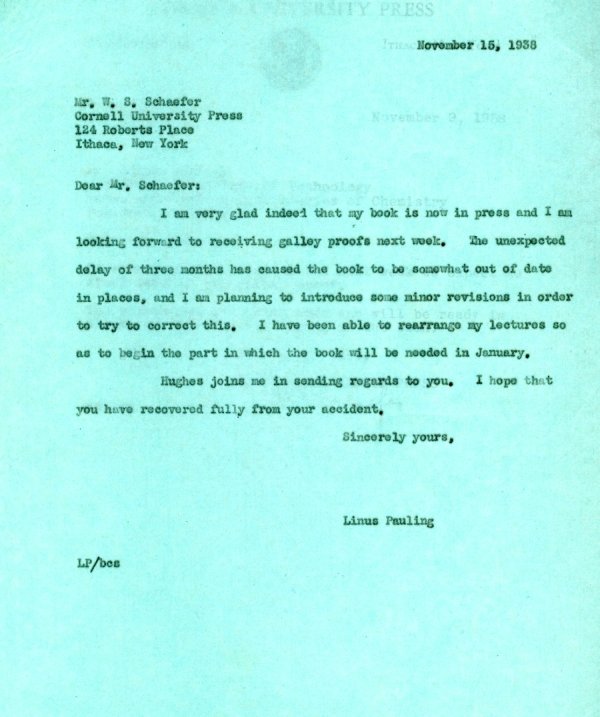 Letter from Linus Pauling to W.S. Schaefer. Page 1. November 15, 1938