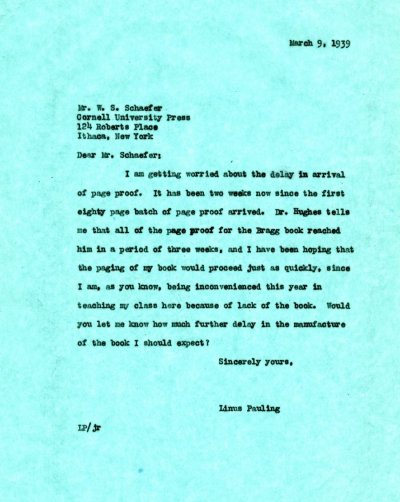 Letter from Linus Pauling to W.S. Schaefer. Page 1. March 9, 1939