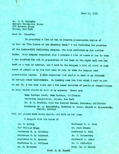 Letter from Linus Pauling to W.S. Schaefer. Page 1. June 13, 1939