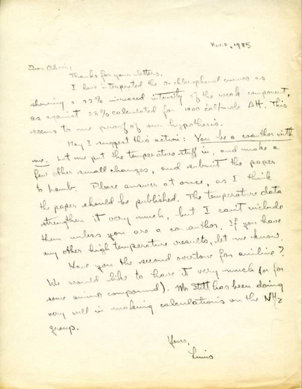 Letter from Linus Pauling to Oliver Wulf. Page 1. November 2, 1935
