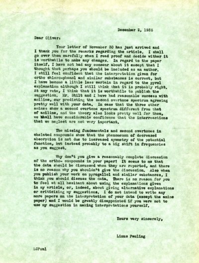 Letter from Linus Pauling to Oliver Wulf. Page 1. December 2, 1935