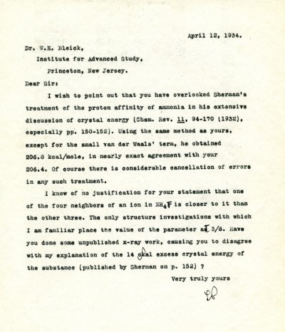 Letter from Linus Pauling to W.E. Bleick. Page 1. April 12, 1934