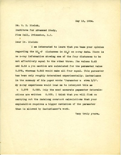 Letter from Linus Pauling to W.E. Bleick. Page 1. May 13, 1934