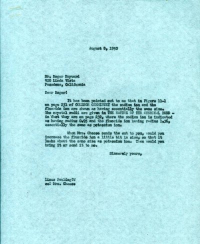 Letter from Linus Pauling to Roger Hayward. Page 1. August 8, 1950