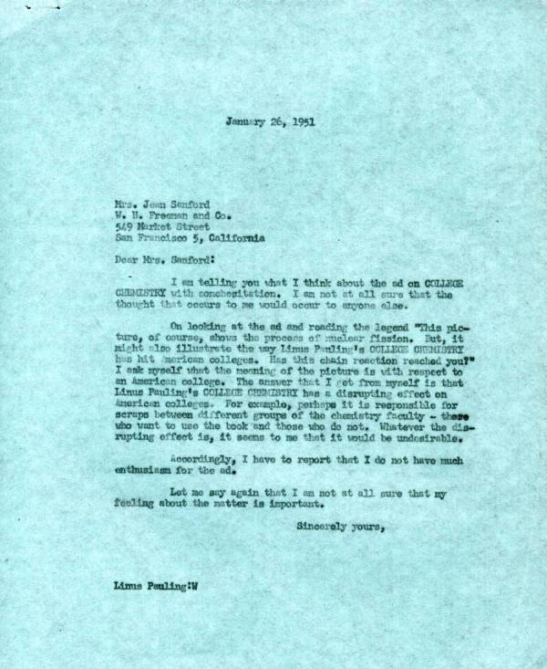 Letter from Linus Pauling to Jean Sanford. Page 1. January 26, 1951