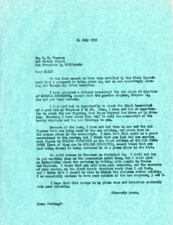 Letter from Linus Pauling to W.H. Freeman. Page 1. July 14, 1952