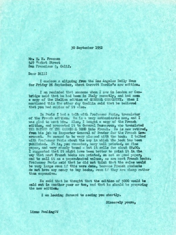 Letter from Linus Pauling to W.H. Freeman. Page 1. September 30, 1952