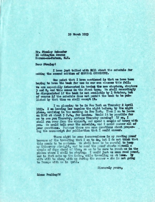 Letter from Linus Pauling to Stanley Schaefer. Page 1. March 19, 1953