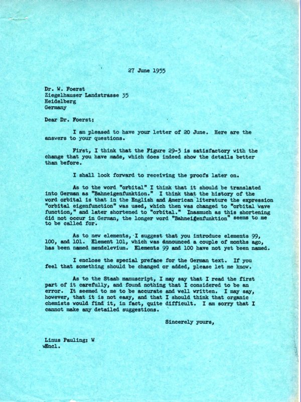 Letter from Linus Pauling to Wilhelm Foerst. Page 1. June 27, 1955