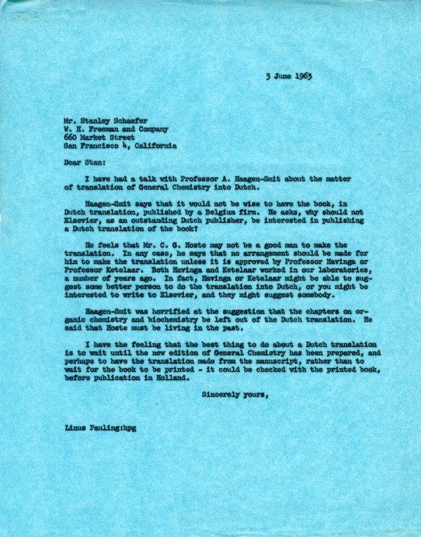 Letter from Linus Pauling to Stanley Schaefer. Page 1. June 3, 1963
