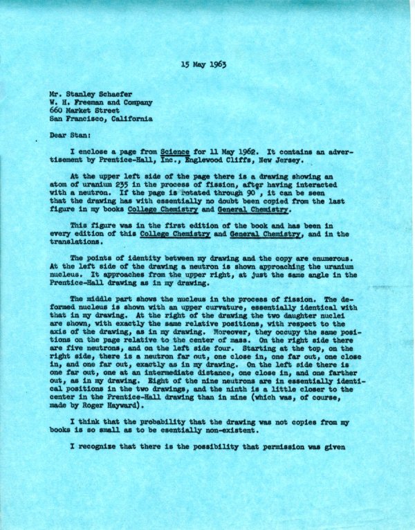 Letter from Linus Pauling to Stanley Schaefer. Page 1. May 15, 1963