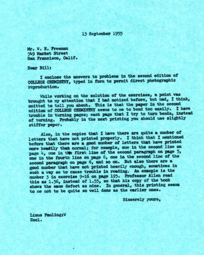 Letter from Linus Pauling to W.H. Freeman. Page 1. September 13, 1955