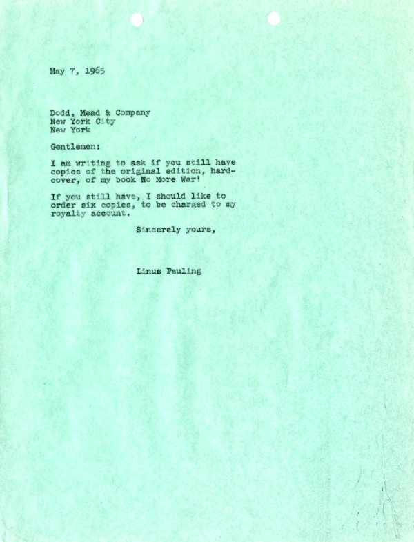 Letter from Linus Pauling to Dodd, Mead & Company. Page 1. May 7, 1965