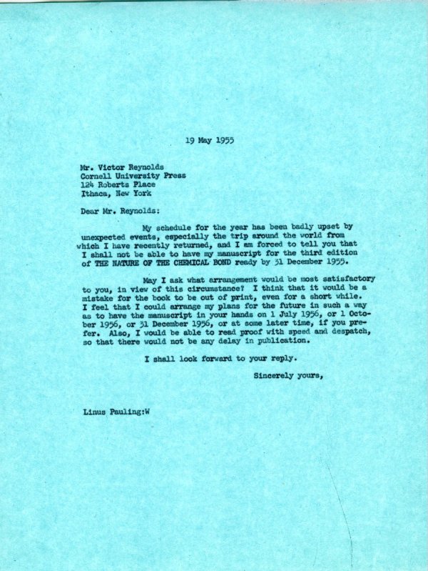 Letter from Linus Pauling to Victor Reynolds. Page 1. May 19, 1955
