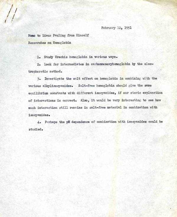 "Memo to Linus Pauling from Himself." Page 1. February 12, 1951