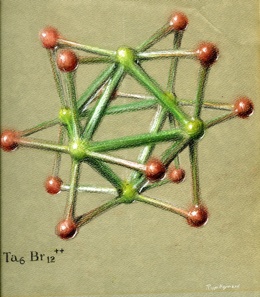 Pastel drawing of a Tantalum Halide cluster ion.