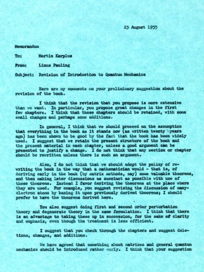 Letter from Linus Pauling to Martin Karplus. Page 1. August 23, 1955