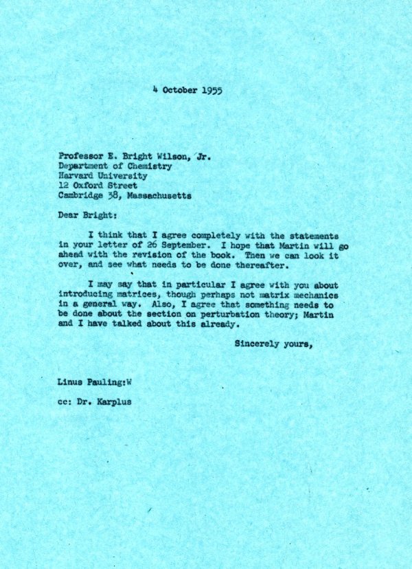 Letter from Linus Pauling to E. Bright Wilson, Jr. Page 1. October 4, 1955
