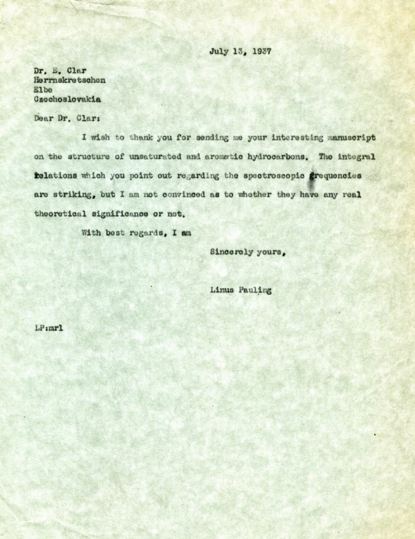 Letter from Linus Pauling to E. Clar. Page 1. July 13, 1937