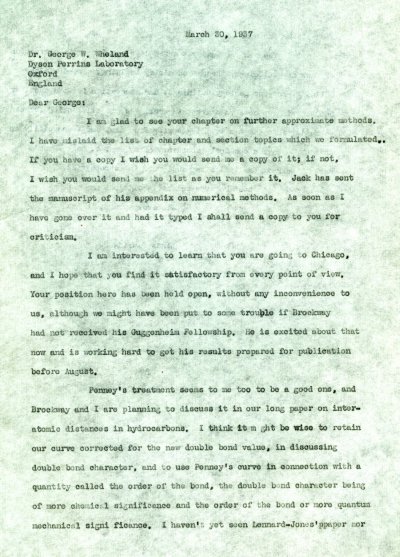 Letter from Linus Pauling to G.W. Wheland. Page 1. March 30, 1937