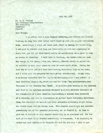 Letter from Linus Pauling to G.W. Wheland. Page 1. July 28, 1937